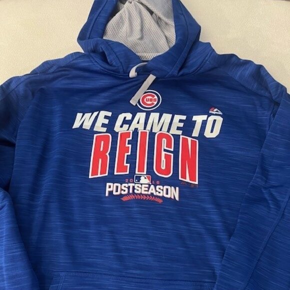 NWOT Majestic Men's Chicago Cubs 2016 MLB Postseason "We Came To Reign" Royal - Picture 1 of 3